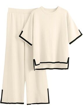 NWT Women’s Two Piece Set with Black Trim - Short Sleeve Top & Wide Leg Pants XL